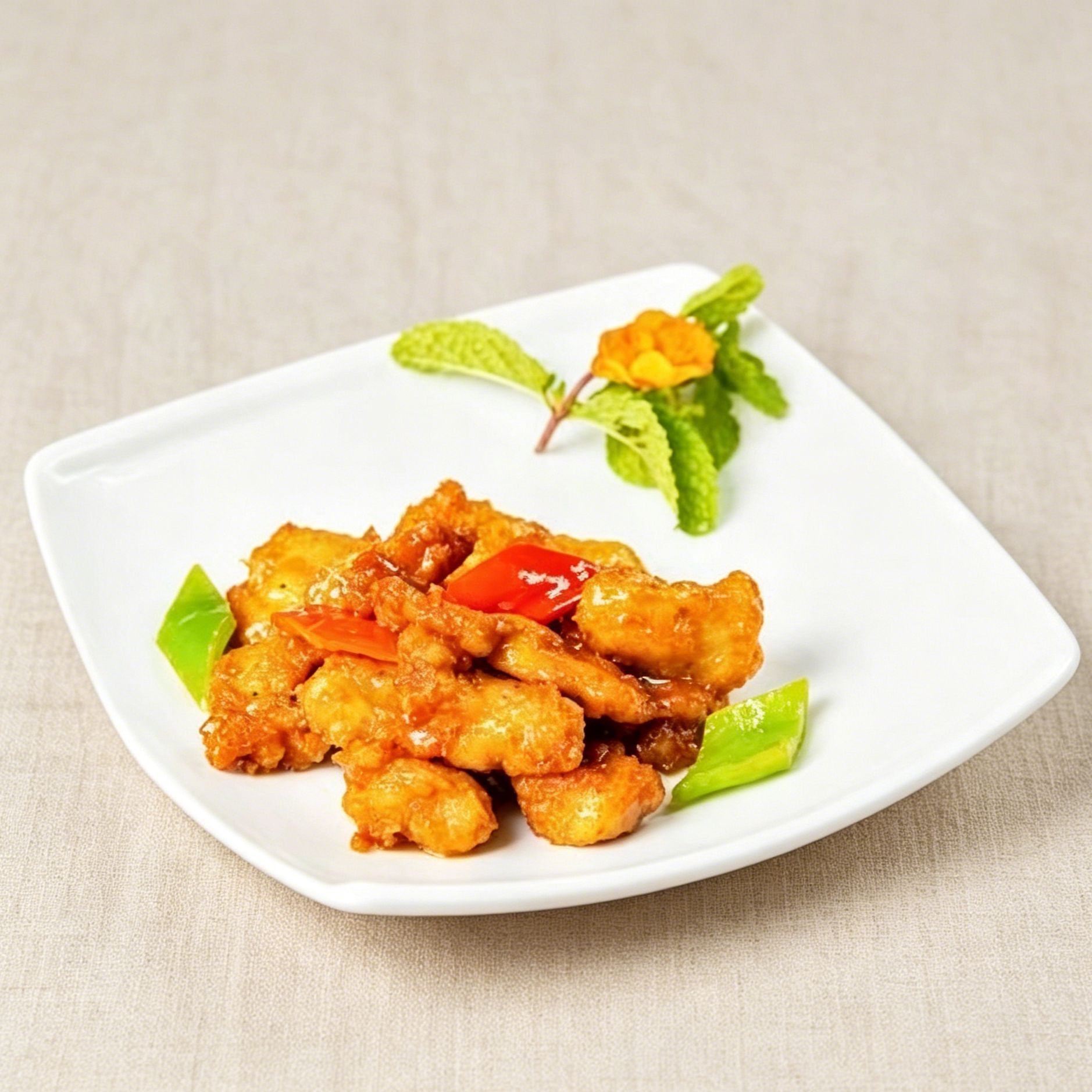 温かい料理：甘酢ヴィーガンリブ（植物由来）