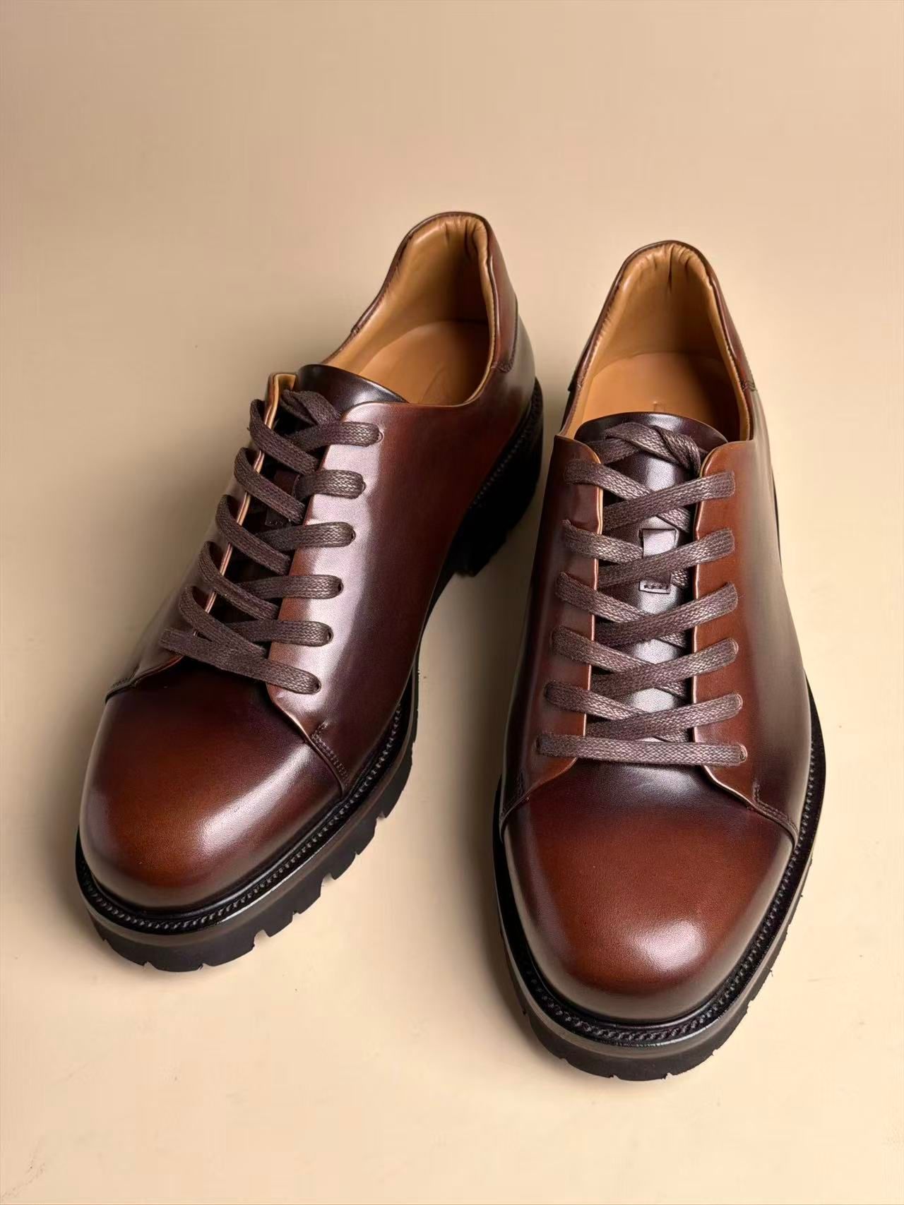 Large Round-Toe 6-Eye Derby Shoes | Brown & Burnt Patina Calfskin with Handmade Goodyear Welt