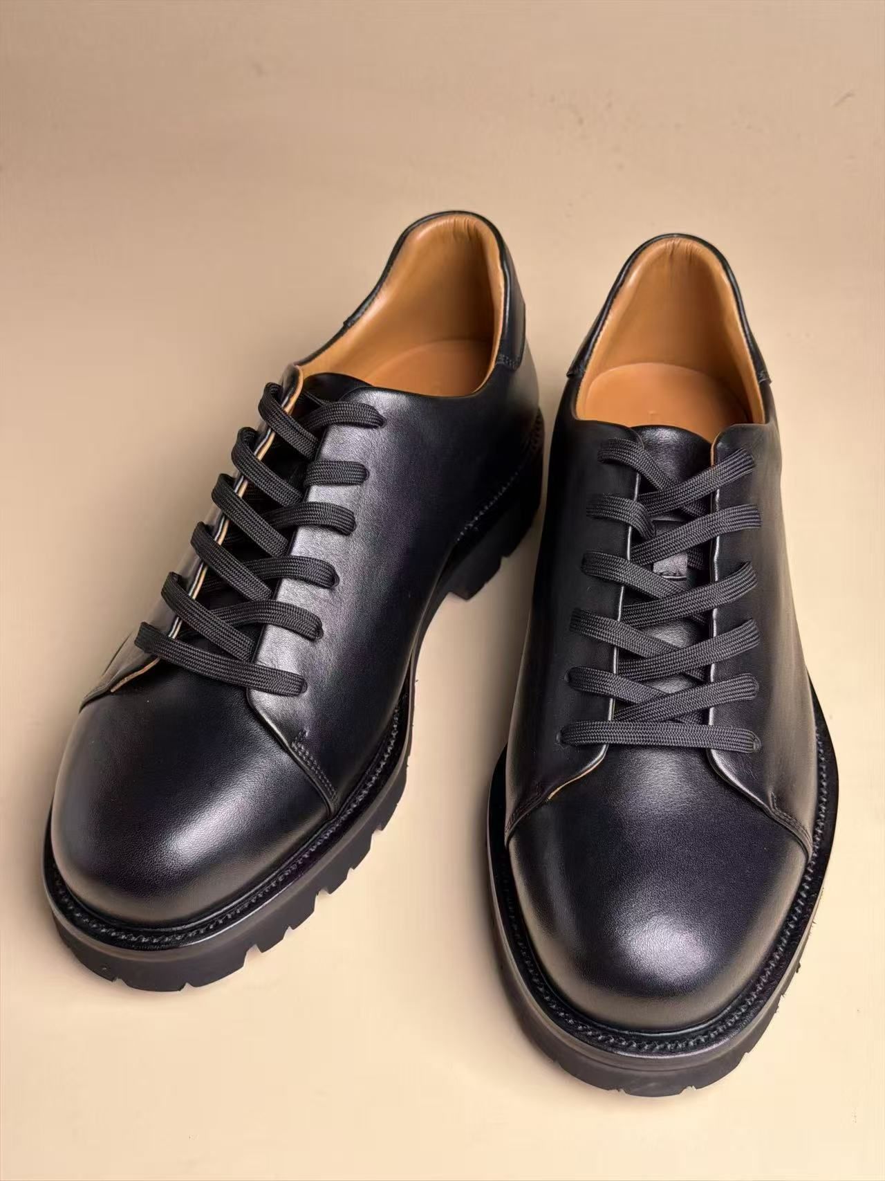 Large Round-Toe Six-Eyelet Derby Shoes | Black Soft Calf Leather Handmade Goodyear Welted