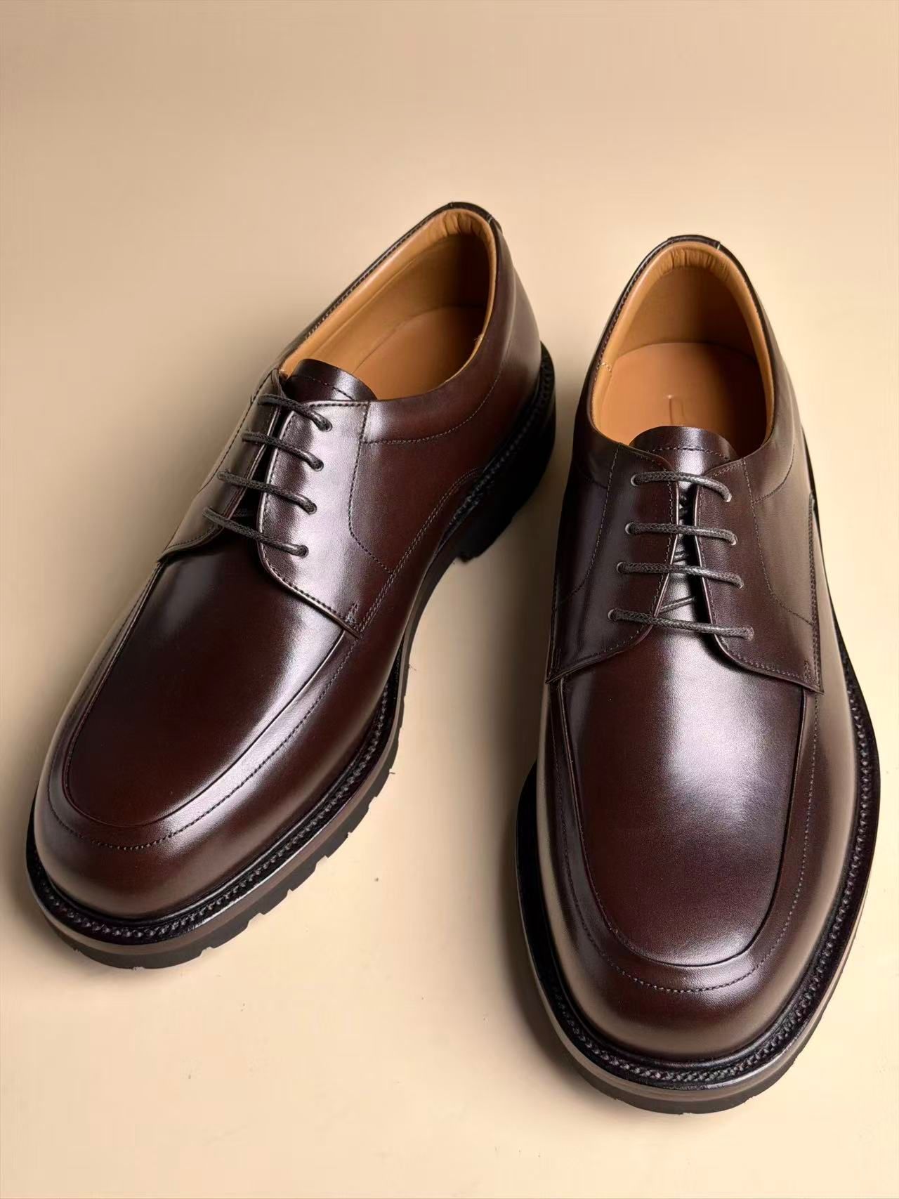 Large Round-Toe Four-Eyelet Derby Shoes | Coffee Brown Classic Box Calf Leather Handmade Goodyear Welted