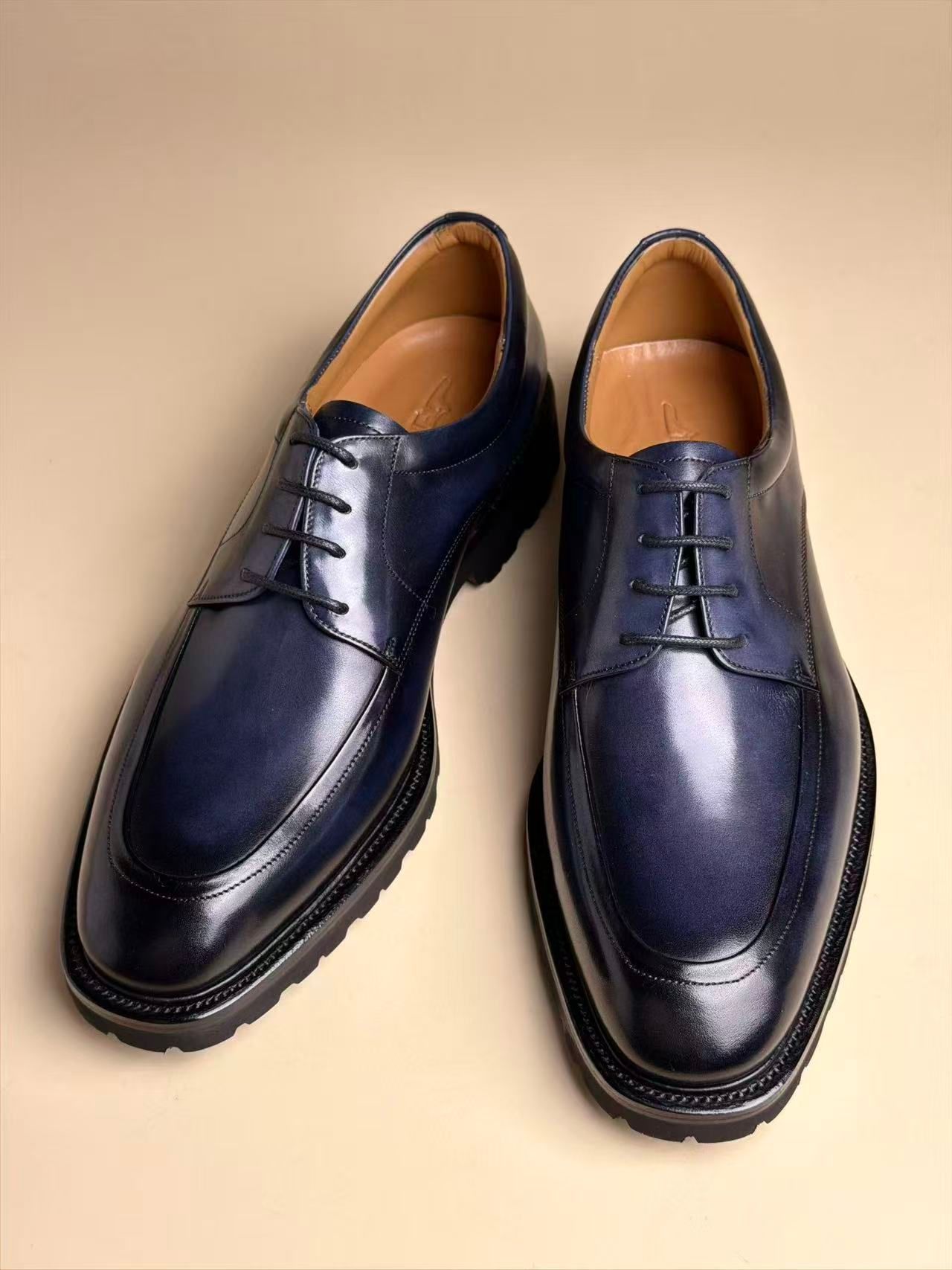 Medium Round Toe Four-Eyelet Derby Shoes | Blue-grey Polished Calfskin Handmade Goodyear Welt