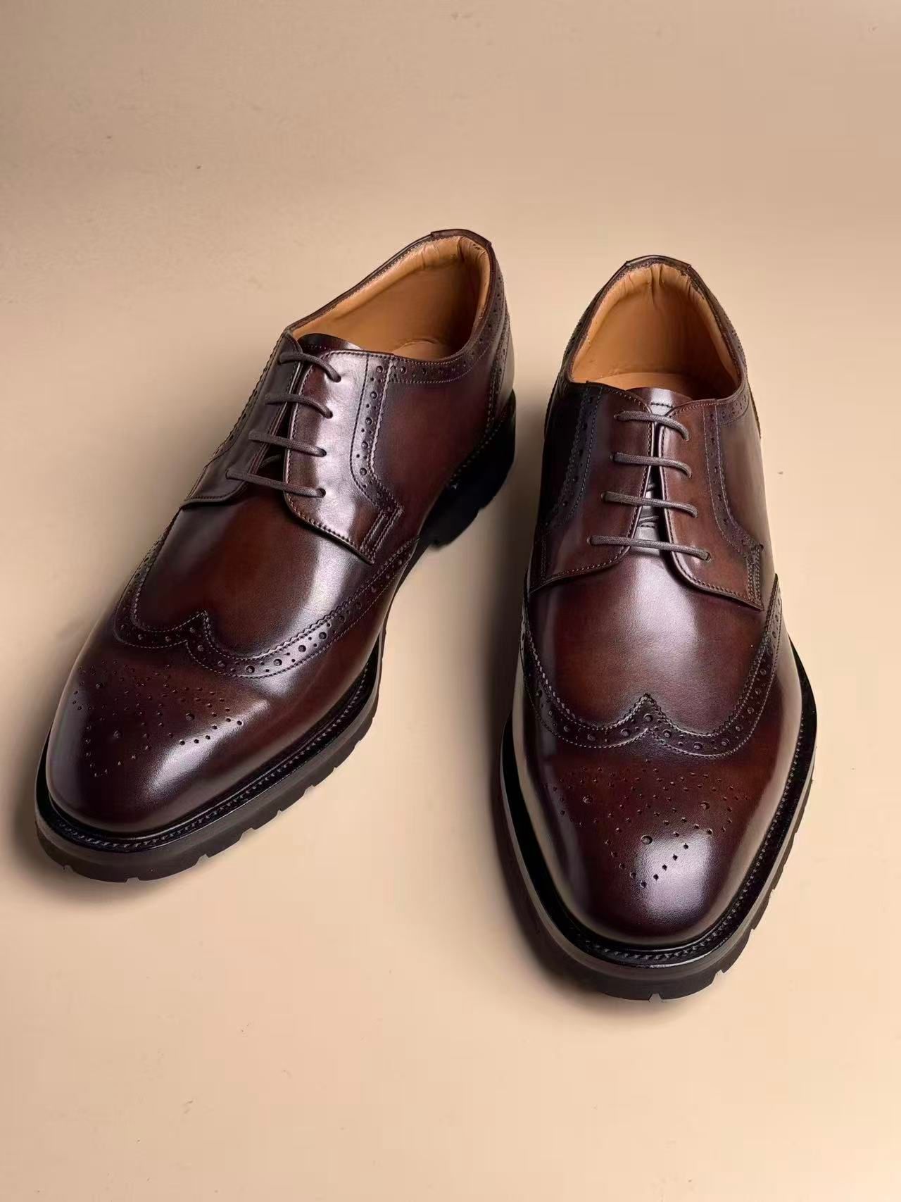 Medium Round-Toe Four-Eyelet Full-Brogue Derby Shoes | Coffee Brown Hand-Burnished Calf Leather Handmade Goodyear Welted