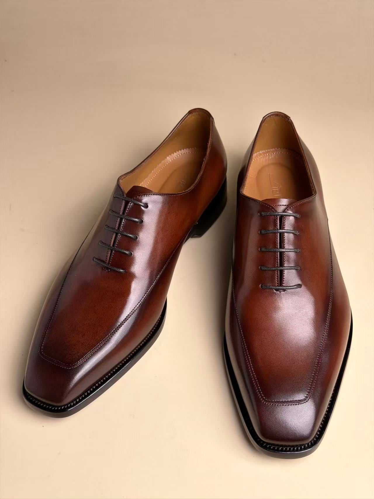 Square-Toe Five-Eyelet Oxford Shoes | Caramel Handmade Goodyear Welted