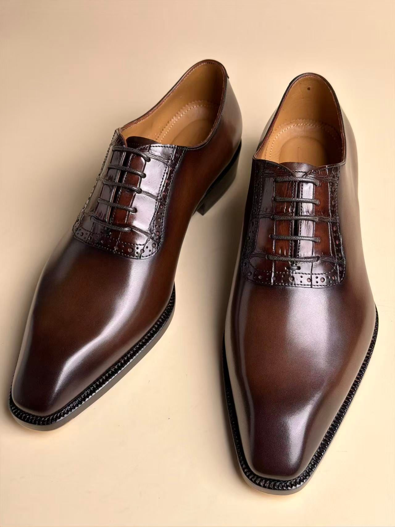 Chisel-Toe Five-Eyelet Oxford Shoes | Coffee Brown Handmade Goodyear Welted