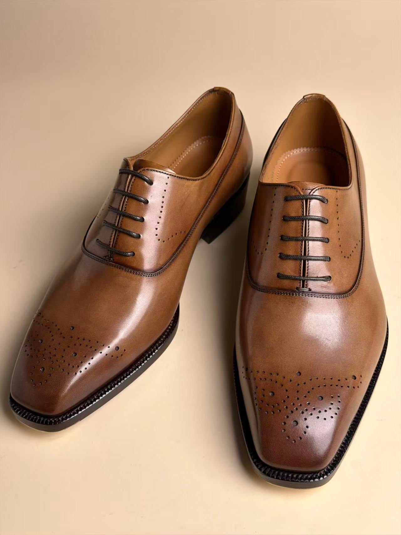 Square-Toe Five-Eyelet Brogue Oxford Shoes | Brown Handmade Goodyear Welted