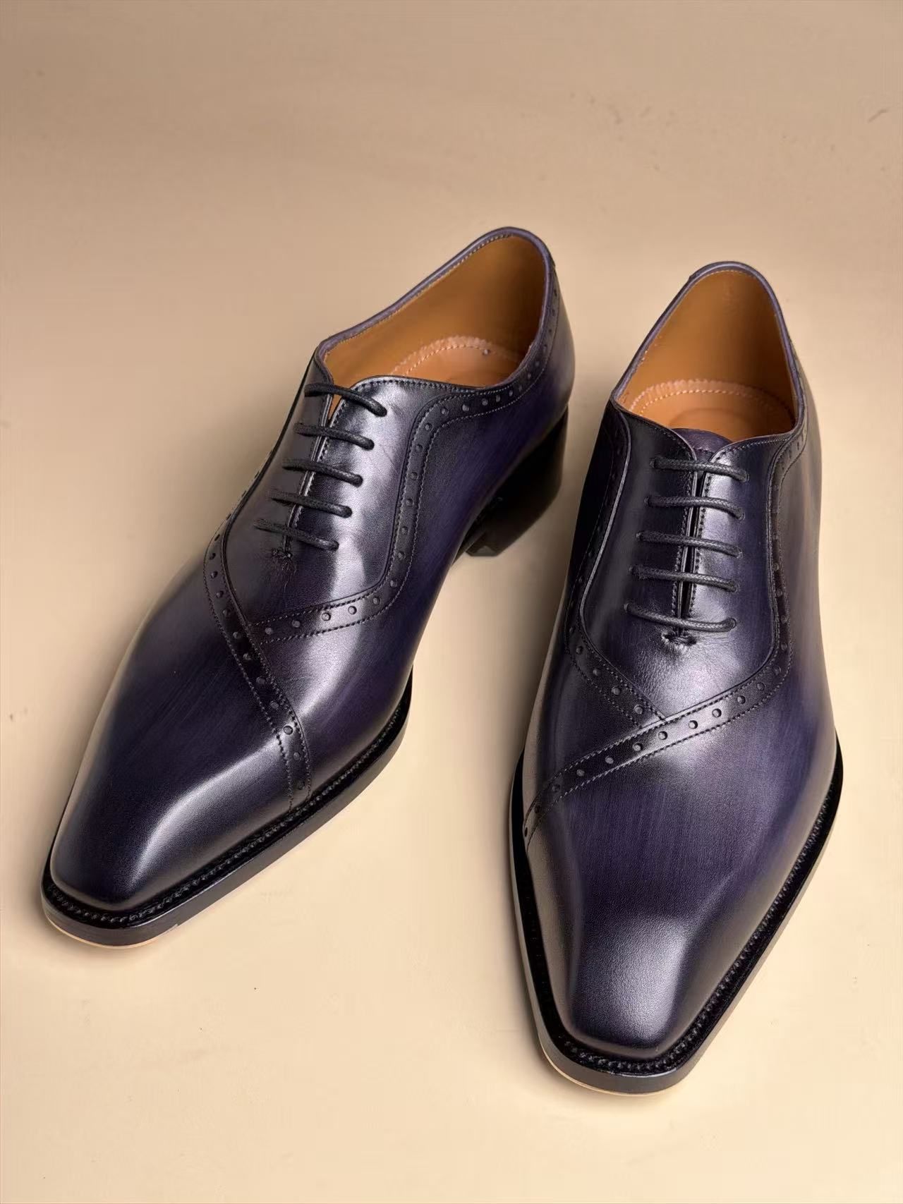 Chisel-Toe Five-Eyelet Oxford Shoes | Blue-Grey Handmade Goodyear Welted