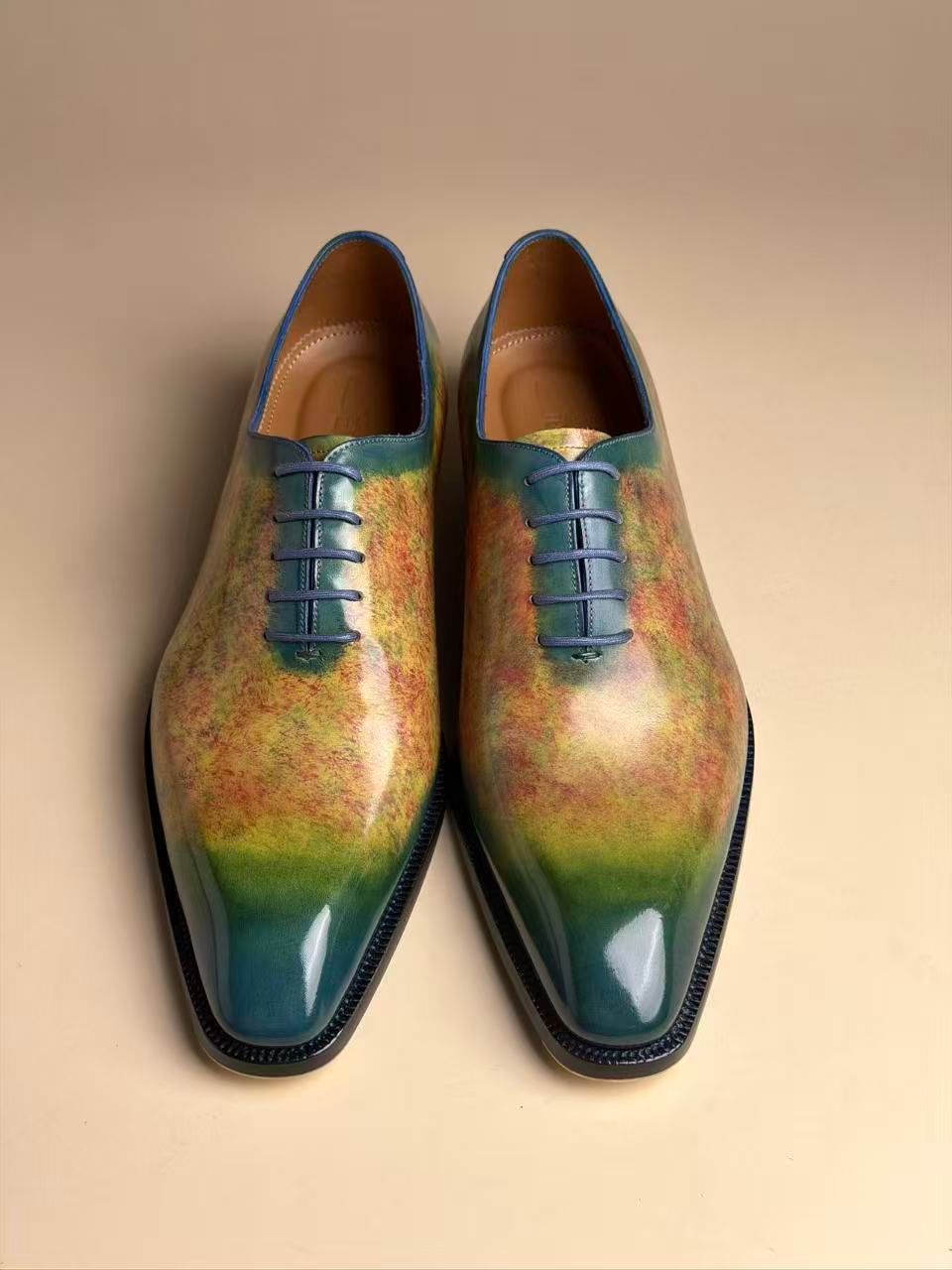 Chisel-Toe Five-Eyelet Oxford Shoes | Artistic Hand-Painted Patina Goodyear Welted