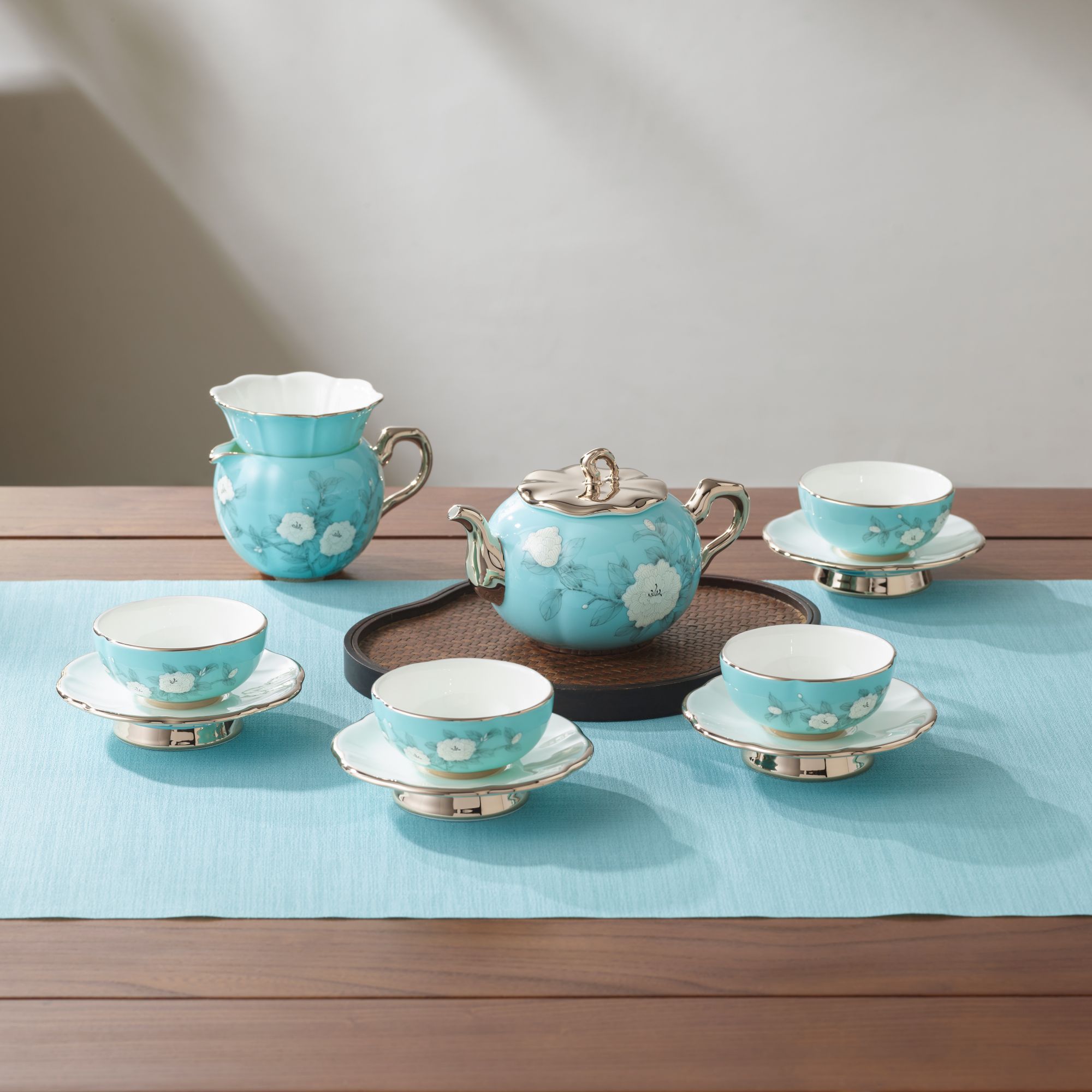 Hand-Painted West Lake Blue 12-Piece Porcelain Tea Set