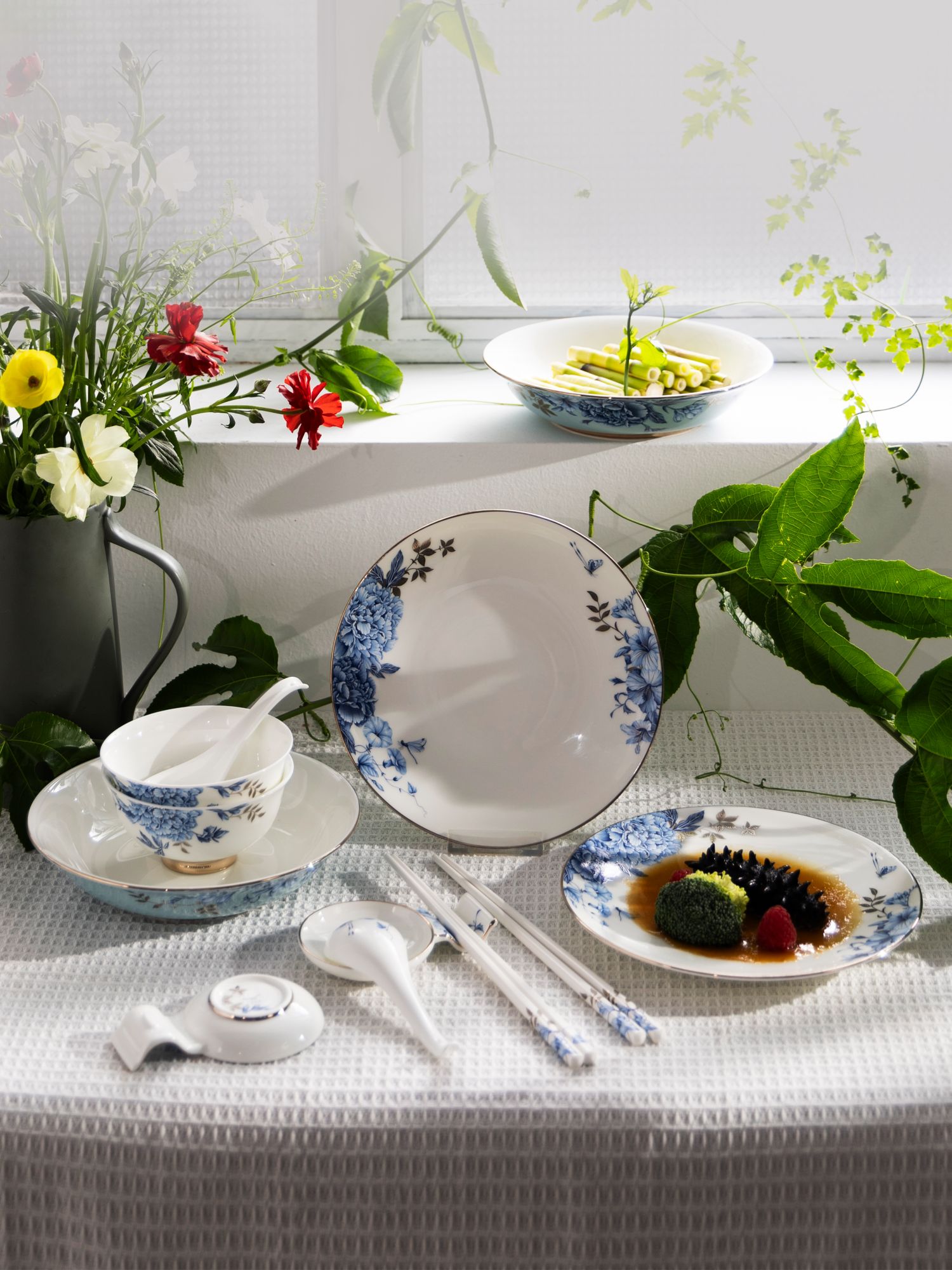 Platinum Blue-and-White 14-Piece Dinnerware Set for Two