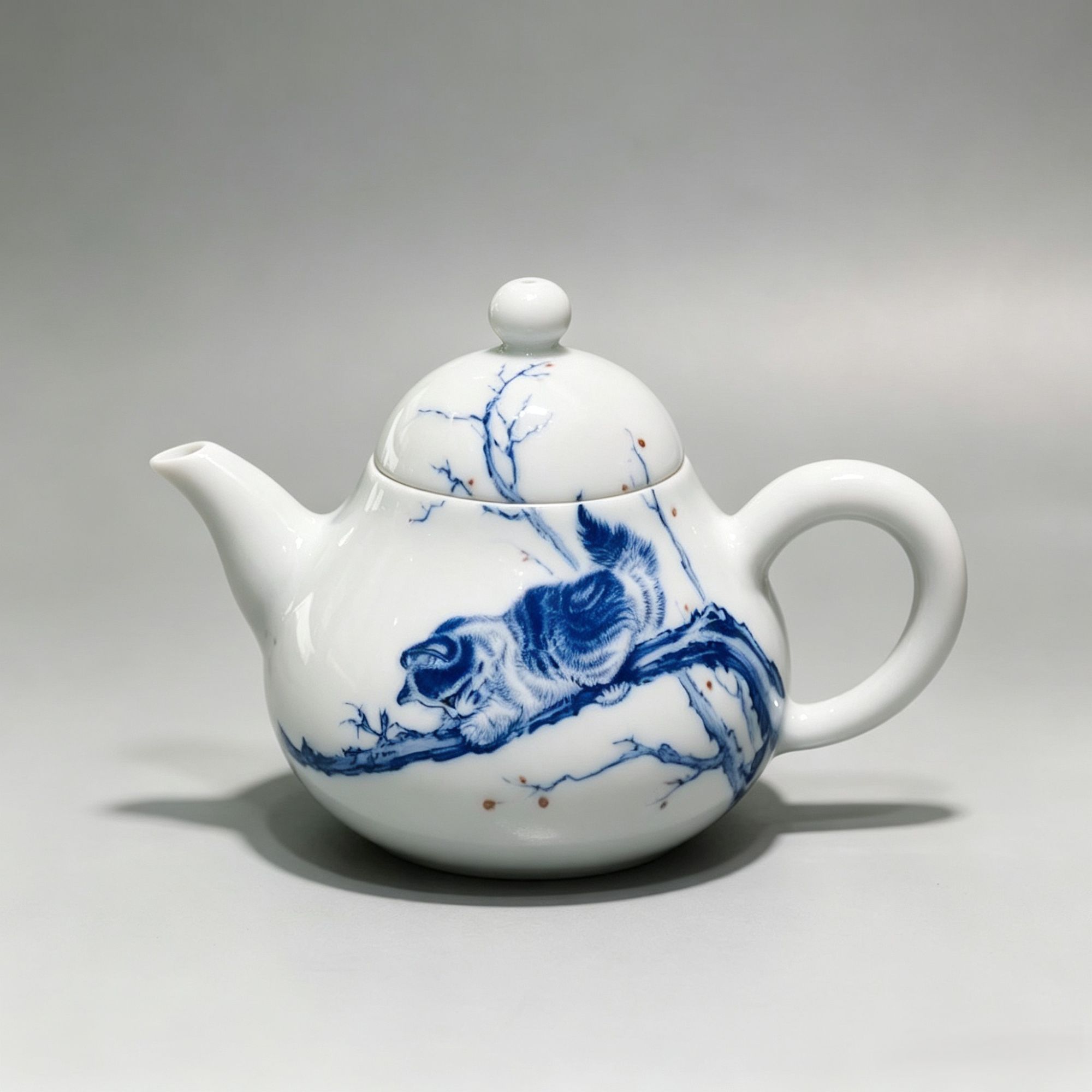 Hand-Painted Ceramic Cute Cat Teapot by a Jingdezhen Cat-Painting Master