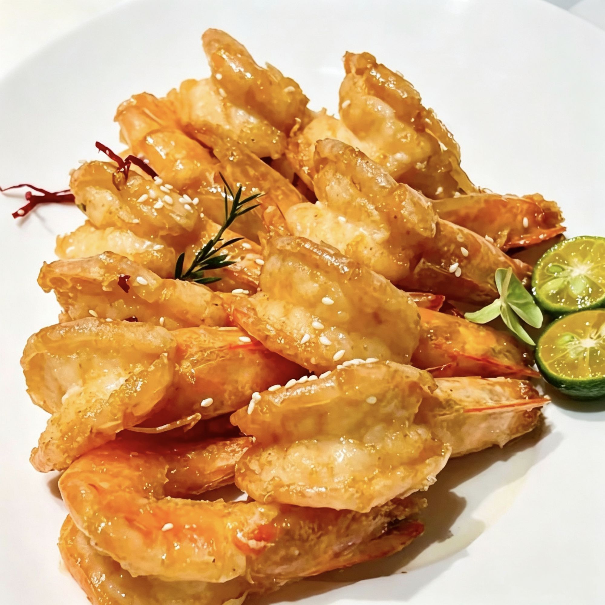 Gambas Jiwei fritas crujientes con un suave sabor dulce