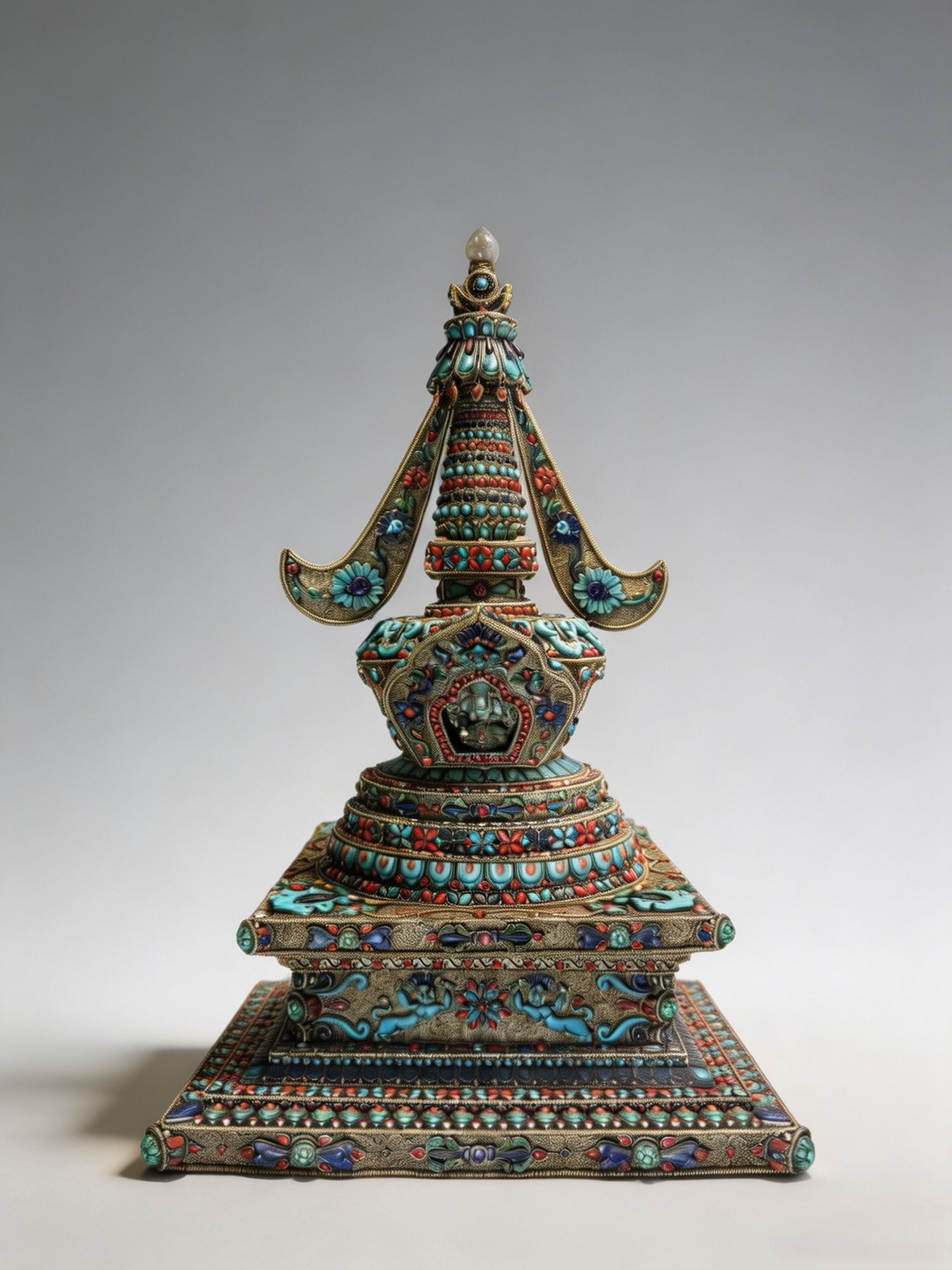 Copper Buddhist Stupa with Stone Inlay