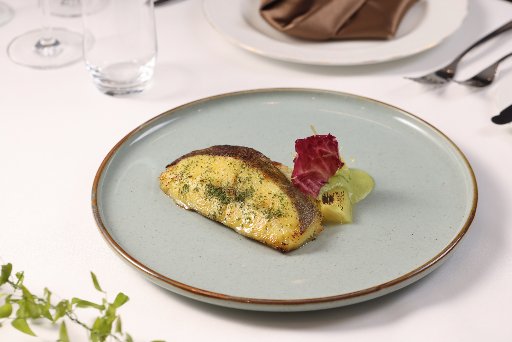 Honey mustard glazed halibut with braised leek confit