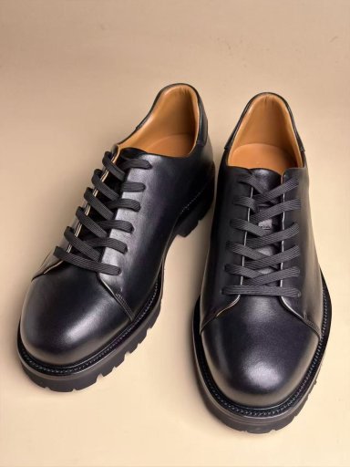 Large Round-Toe Six-Eyelet Derby Shoes | Black Soft Calf Leather Handmade Goodyear Welted