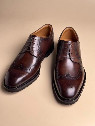 Medium Round-Toe Four-Eyelet Full-Brogue Derby Shoes | Coffee Brown Hand-Burnished Calf Leather Handmade Goodyear Welted
