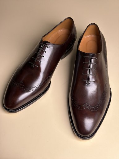 Small Round-Toe Five-Eyelet Semi-Brogue Wholecut Oxford Shoes | Coffee Brown Handmade Goodyear Welted