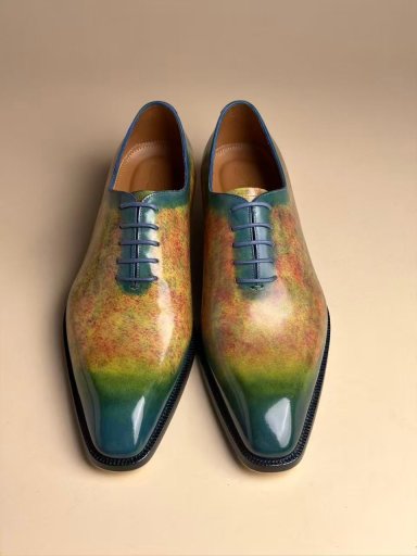 Chisel-Toe Five-Eyelet Oxford Shoes | Artistic Hand-Painted Patina Goodyear Welted