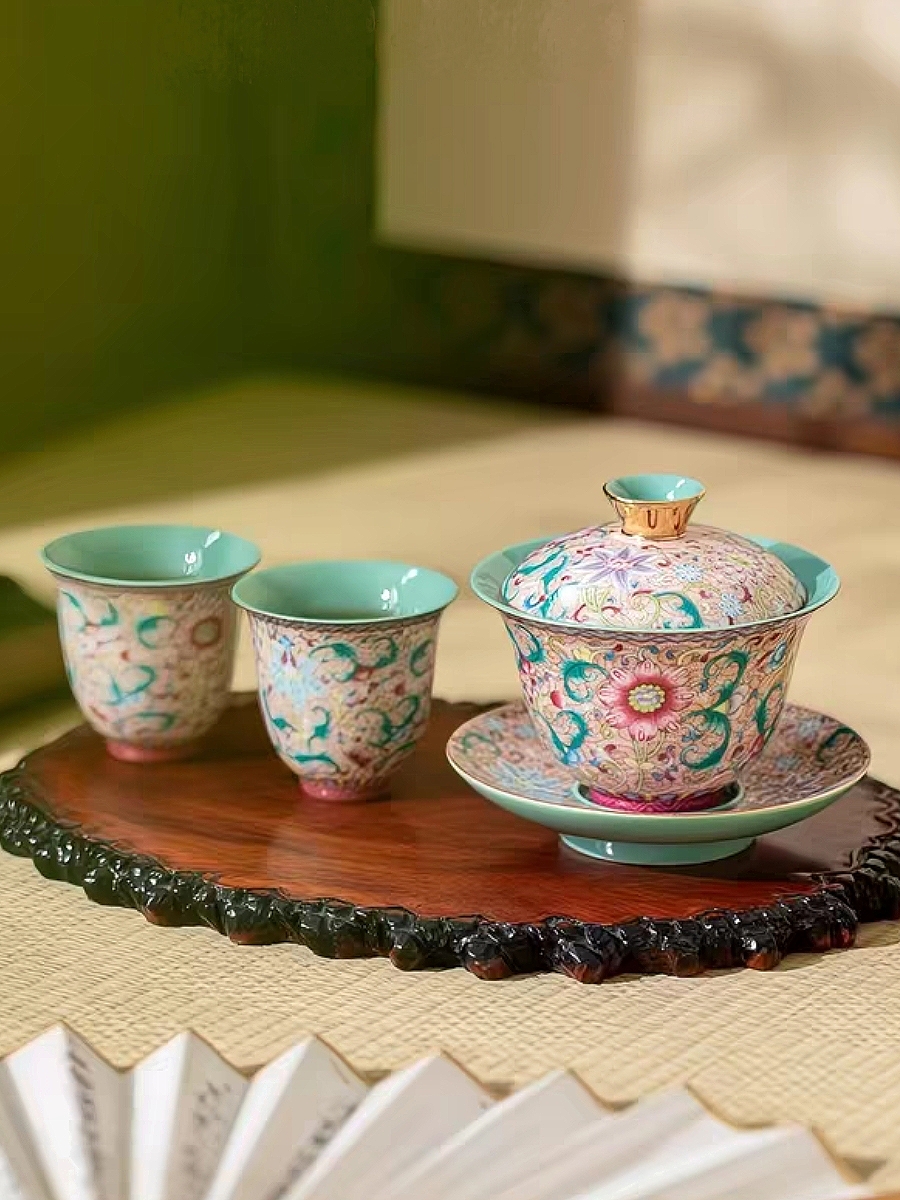 Porcelain Enamel Tea Set Gaiwan with Two Cups Interlocking Lotus Pattern Handcrafted