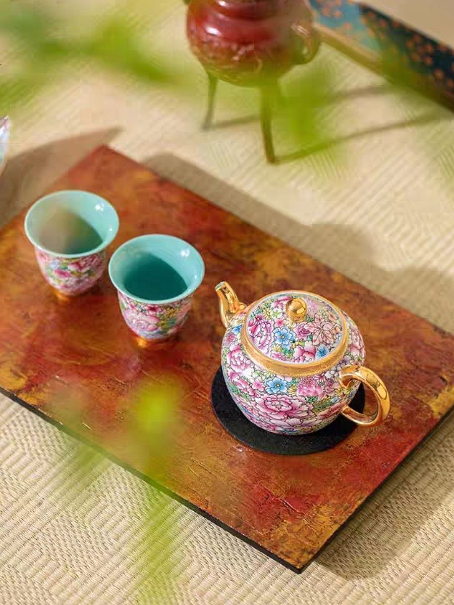Enamel Floral Teapot Tea Set Handcrafted Porcelain