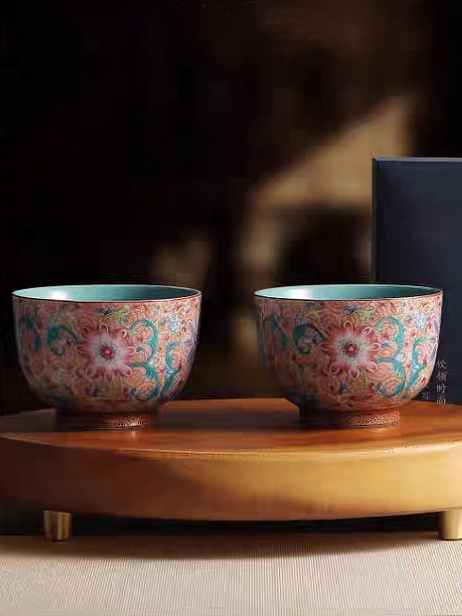 Pair of Porcelain Tea Cups Enamel Lotus Design Handcrafted