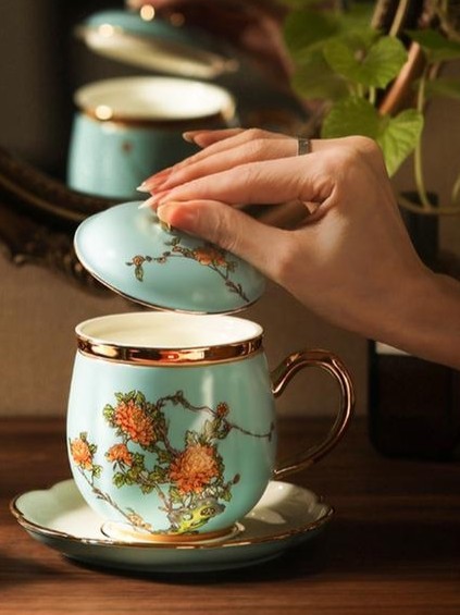Madam Porcelain West Lake Blue 4‑Piece Covered Teacup Set