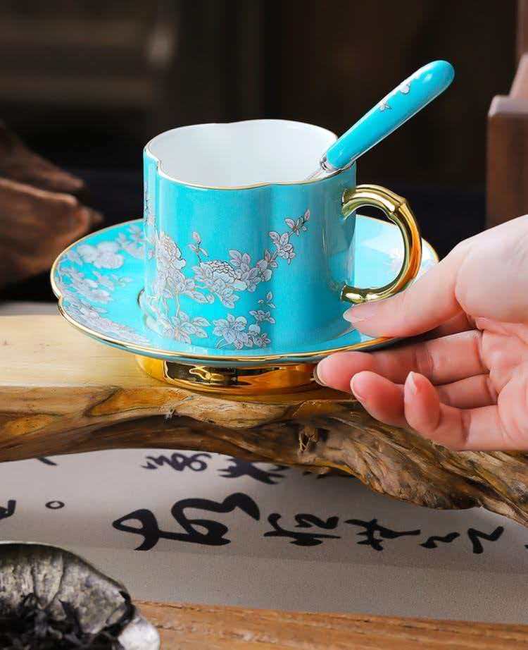 "Ink-Wash Peony" 3‑Piece Coffee Cup & Saucer Set (160ml)
