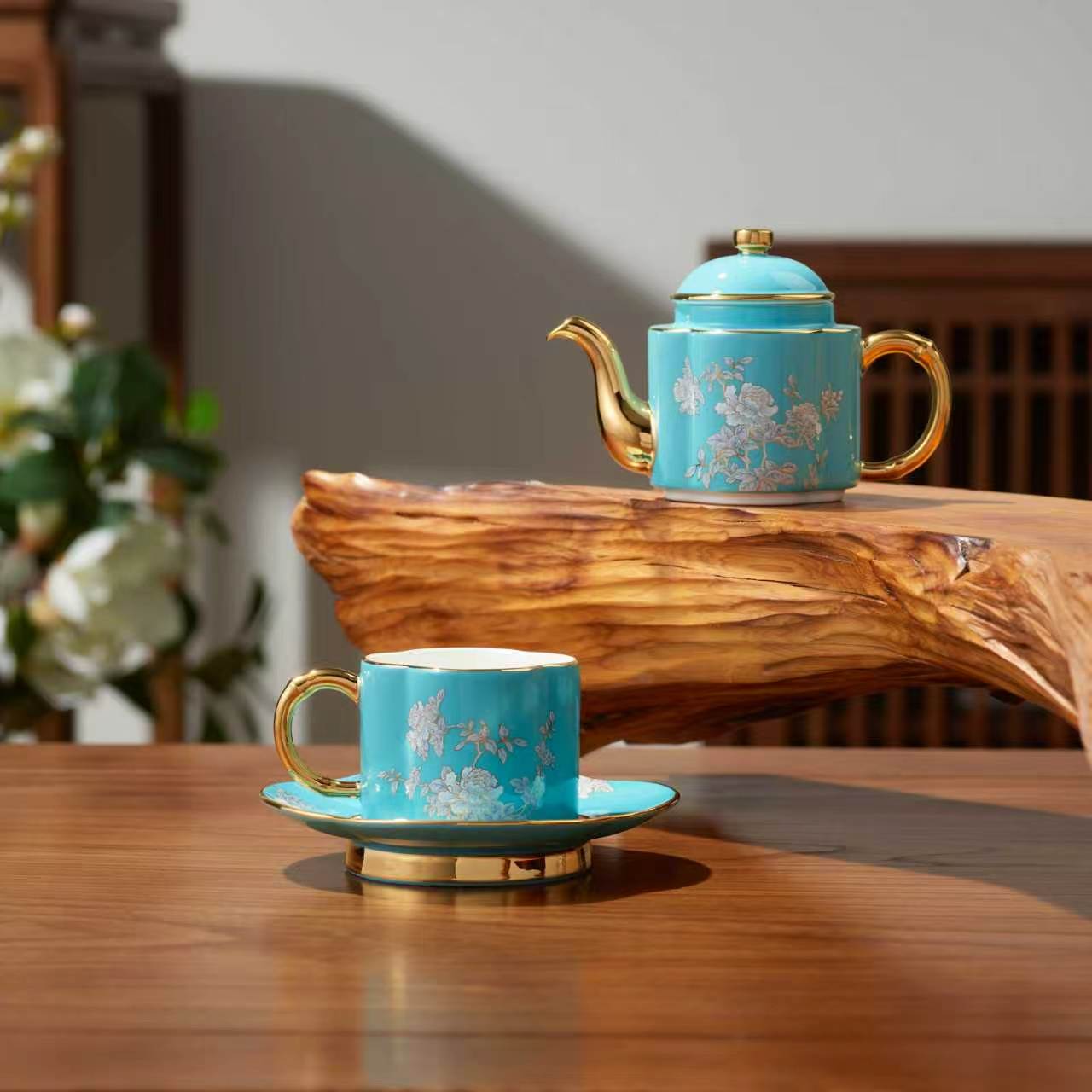 "Ink-Wash Peony" 4‑Piece Tea Set (180ml)