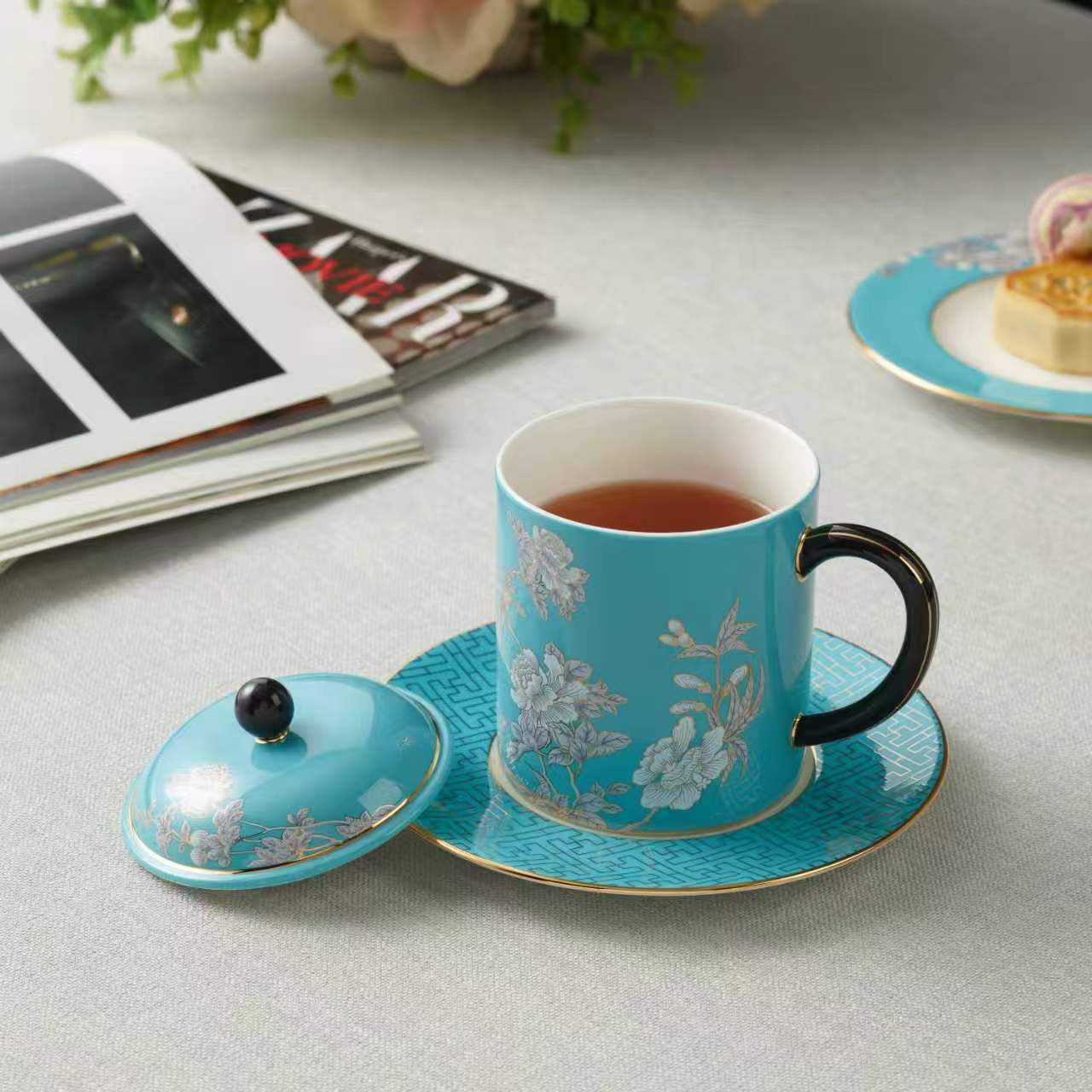 Ink‑Wash Peony 3‑Piece Conference Mug Set (350 ml)
