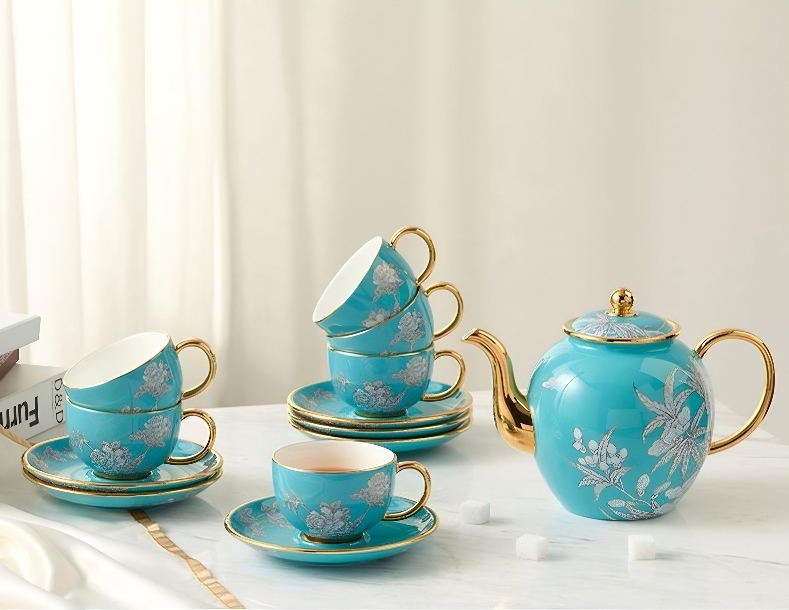 Ink-Wash Peony 14-Piece Magnesia-Reinforced Porcelain Tea & Coffee Set (1100 ml)