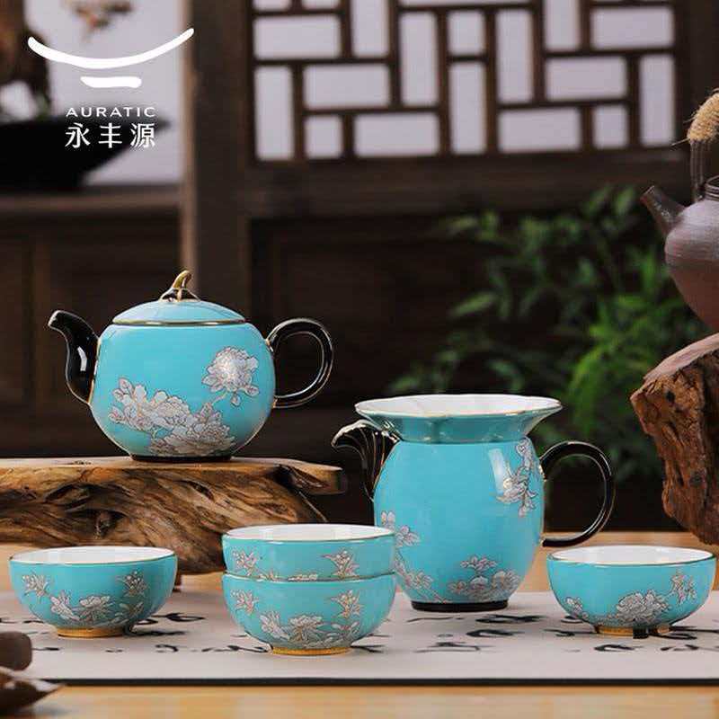 Ink‑Wash Peony 8‑Piece Tea Set (4‑person set with teapot)